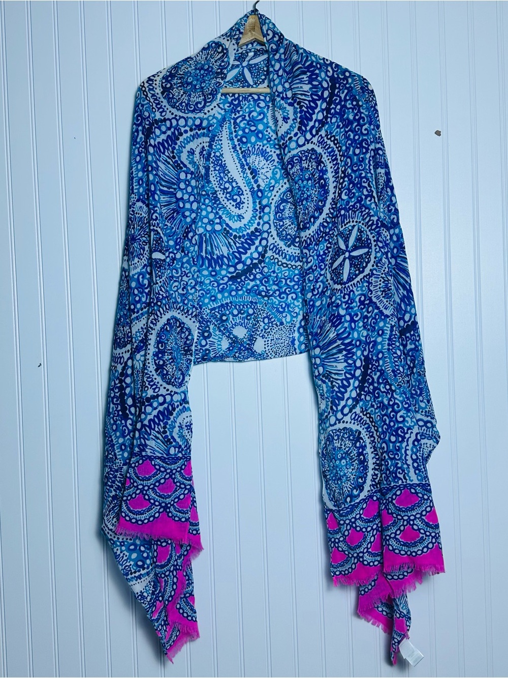 Scarf - Blue Sand Dollars & Starfish seashells Nautical Preppy cotton colorful